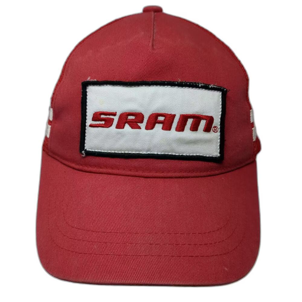 SRAM Trucker Hat Red One Size Mesh Side Stripes Patch Logo Adjustable Snapback